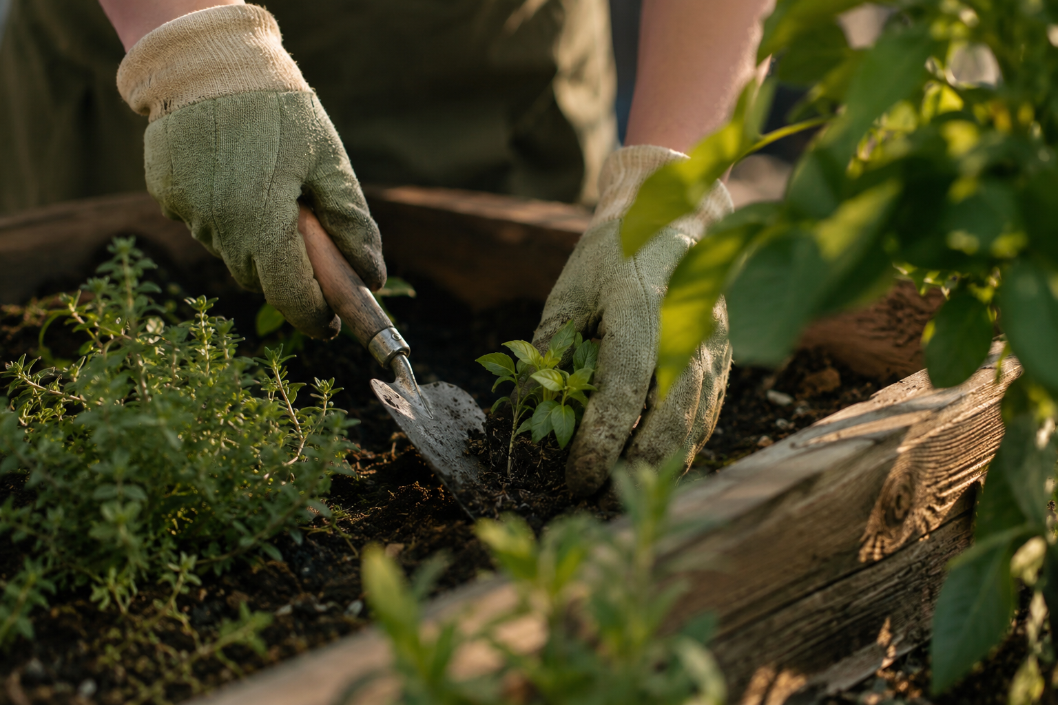 Hands tending a garden bed